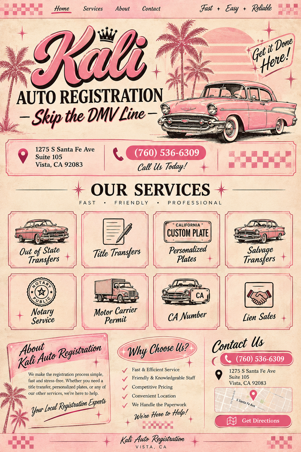 Kali Auto Registration vintage pink and cream website